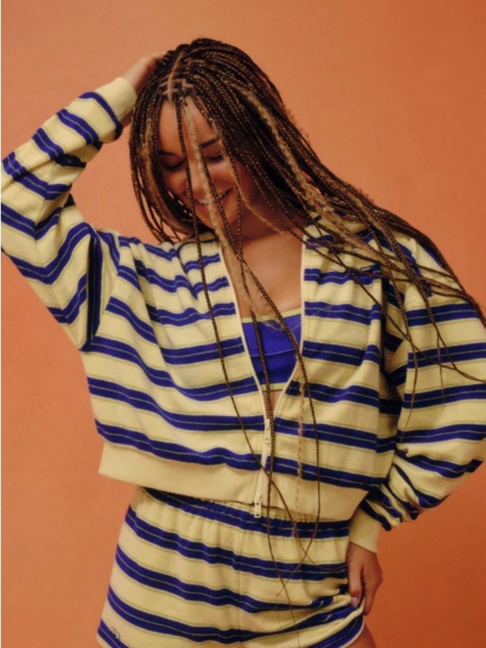 SET Striped Blue and Cream Zip-Front Women's Top Hoodie
